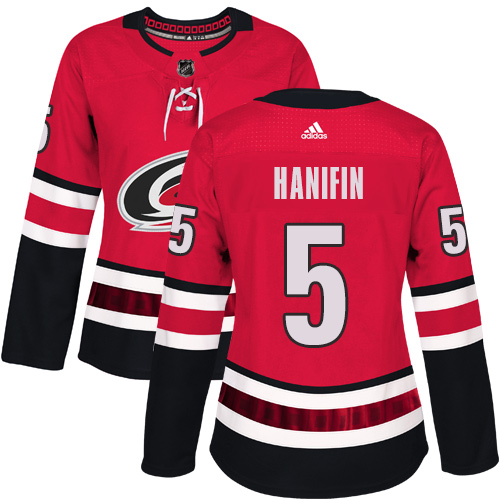 Adidas Carolina Hurricanes #5 Noah Hanifin Red Home Authentic Women Stitched NHL Jersey->women nhl jersey->Women Jersey